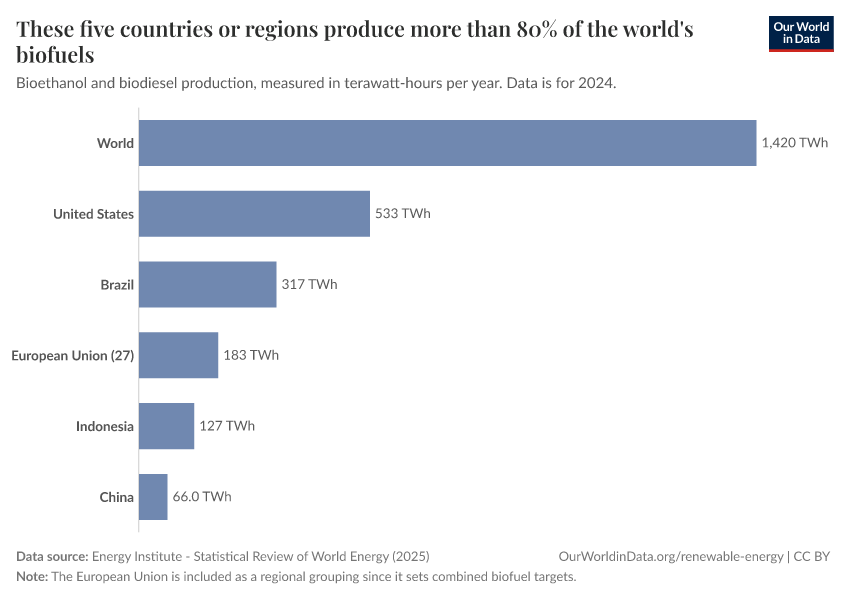 These five countries or regions produce more than 80% of the world's biofuels