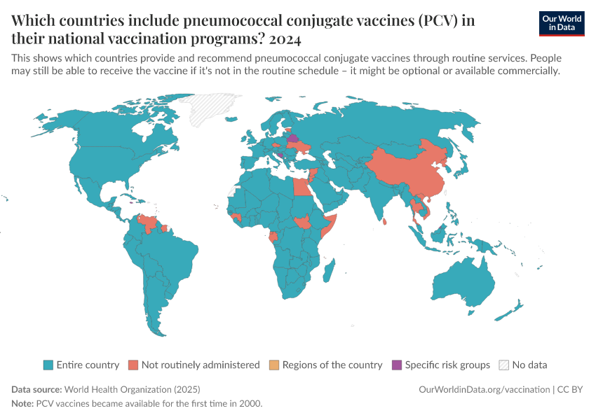 A thumbnail of the "Which countries include pneumococcal conjugate vaccines (PCV) in their national vaccination programs?" chart