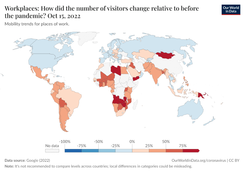 A thumbnail of the "Workplaces: How did the number of visitors change relative to before the pandemic?" chart